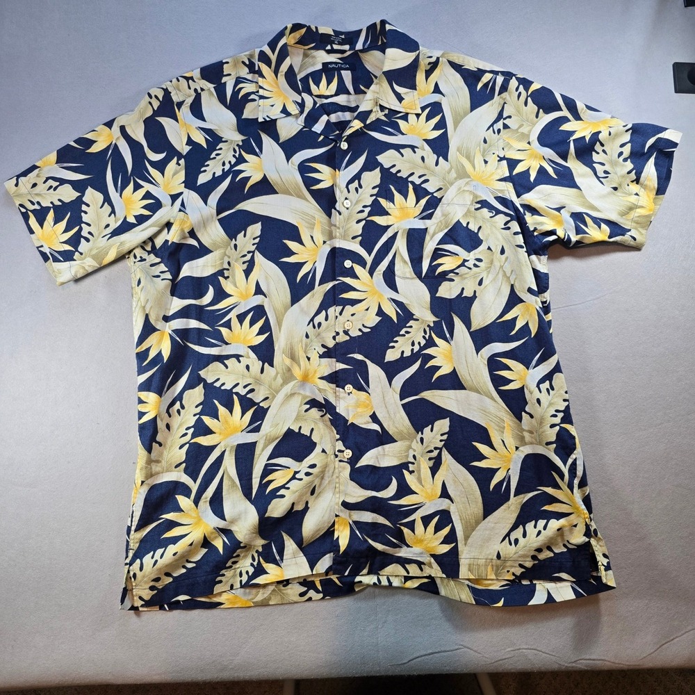 Nautica Mens XL Tropical Bird of Paradise Floral Cotton Button Down Shirt Navy